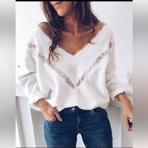 Women's V-Neck Lace Trim Sweater - White